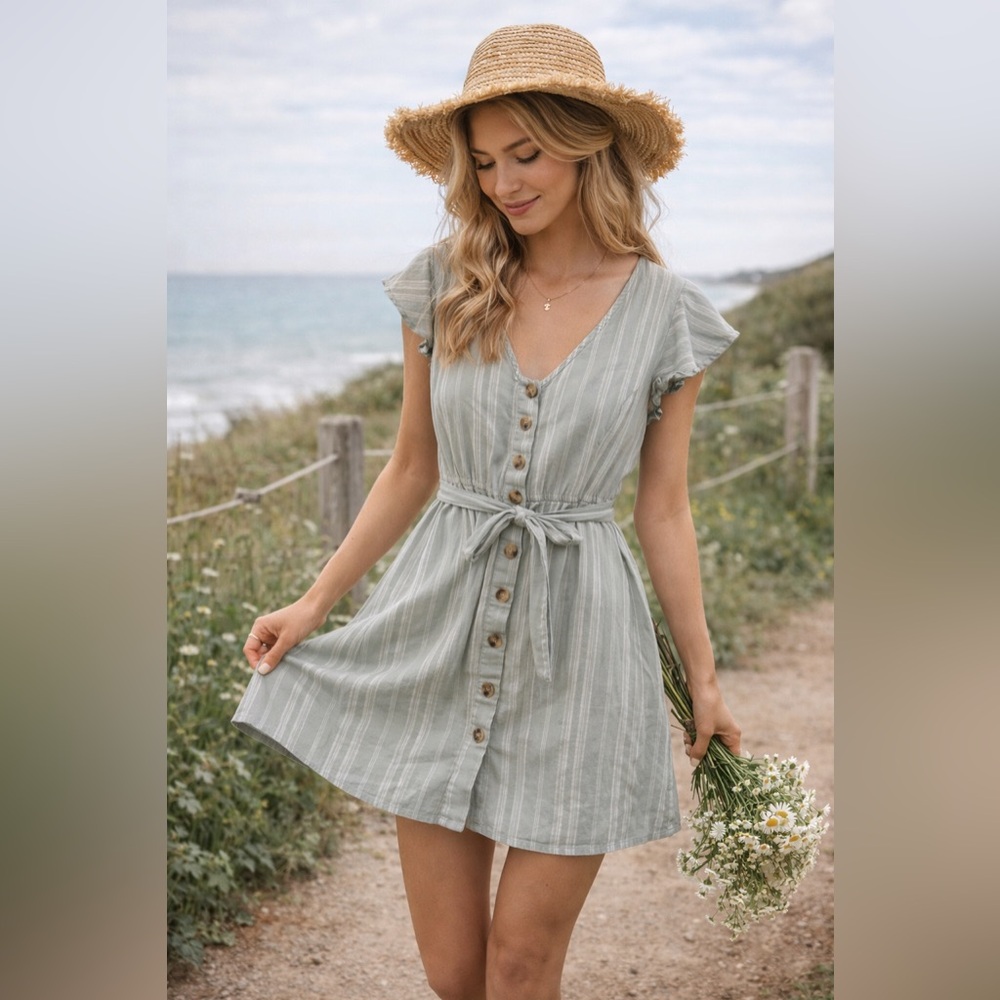 Japna Cotton Linen Striped Button Front Mini Dress Tie Waist Boho Cottagecore S